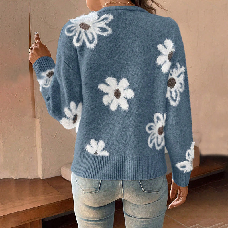 Maya Boho Knitted V-Neck Floral Sweater